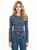 Camisa de manga larga a rayas con cuello redondo para mujer, superventas de otoño 2026 en Amazon, estilo urbano europeo y americano, top casual ajustado