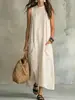 Nuevo Producto 2026: Vestido de tirantes drapeado vintage de algodón y lino transfronterizo, estilo casual europeo y americano, vestido maxi suelto de color liso para mujer