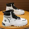 Zapatos de Caña Alta para Hombre para Invierno, Senderismo Casual, Zapatos de Trabajo Antideslizantes, Superficie de Cuero, Impermeables, Suela Gruesa, Aumentan la Altura, Botas Martin Blancas