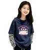 Camiseta de manga larga de algodón puro con retazos a rayas para niñas, versátil, para primavera y otoño, para niños mayores, estilo coreano, corte holgado, efecto dos piezas, moderna