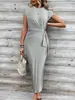 Vestido Largo Rayado de Cuello Redondo y Manga Corta con Cinturón Estilo Elegante Transfronterizo Vestido de Verano para Mujer
