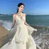 Diseñado con Sentido del Estilo, Vestido de Hada con Volantes de Doble Capa con Escote de Espalda Descubierta y Tirantes, Vestido de Gasa Estilo Vacacional