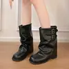 Punta cuadrada otoño nuevo botines cortos mujer plisado 2026 pierna de pantalón hebilla estilo europeo piel sintética jinete apilado medio