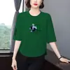 Comercio Exterior Transfronterizo~Camiseta Estampada de Manga Tres Cuartos Elegante de Gama Alta para Mujer, Corte Holgado, Adelgazante, Oculta el Vientre, Versátil, Top Rejuvenecedor para Mujeres de Mediana Edad