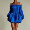 Colección de verano transfronteriza para mujer 2026 europea y americana: vestido corto elegante de un solo color, que ciñe la cintura, fruncido, de un solo hombro
