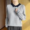 25 Anos Outono Novo Tricô de Lã Worsted Gola Polo Manga Longa Feminino Jacquard Blocos de Cor Pulôver Camisa Base Top