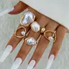 Moda Transfronteriza Europea y Americana Anillo Simple de Aleación con Perla Irregular Conjunto de Anillos Geométricos Apilables Retro