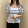 Chic Coreano2026 Nuevo Estilo de Verano de Un Hombro Elegante Femenino Cuello Cuadrado Manga Abullonada Camisa de Manga Corta para Mujer