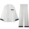 Pijama Longo Feminino de Seda Gelada com Bojo para Primavera e Outono 2026 Novo Estilo Simples Conjunto de Calça Longa para Loungewear de Outono
