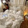 Juego de cuatro piezas de encaje de princesa de algodón estilo francés, versión coreana, sábana y funda de edredón de algodón puro dulce y femenino, juego de tres piezas para dormitorio de estudiante