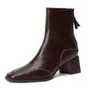 5598-1 Botas de tornozelo de salto alto com bico quadrado retrô para mulheres, outono/inverno, salto grosso, botas Martin, estilo britânico, marrom-avermelhado, botas de equitação, 6CM