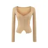 Camiseta de Manga Longa Botonê com Decote V Franzido na Cintura para Mulheres, Novo Estilo de Verão, Cor Sólida Slim-Fit Camiseta Base Curta
