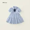 Vestido Azul com Lapela para Meninas 2026 Verão Novo Estilo Infantil Estilo Coreano Vestido de Manga Curta com Laço Atacado