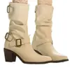 2025 Nuevas Botas de Vaquero Occidentales Versátiles Retro de Gamuza Hebilla de Cinturón Tacón Grueso Botas hasta la Media Pantorrilla para Mujer Adelgazantes Botas de Plataforma Chica Caliente