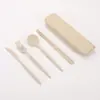 Set de Cubiertos Portátil de Paja de Trigo Cuchillo Tenedor Cuchara Palillos Juego de Cuatro Piezas Estudiante Viaje Cubiertos Portátiles Venta al por Mayor