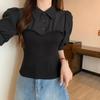 Camisa de Manga Corta con Diseño de Puntada Francesa Verano Nuevo Cuello Polo Nicho Ajustado Ajustado Suéter Top para Mujer