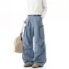 Calças cargo azuis estilo americano com bolsos grandes para homens e mulheres, design outonal high street, calças de corte reto, calças de paraquedista plissadas vintage