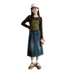 Conjunto de Primavera y Otoño para Niñas 2026 Nuevo Casual Estilo Coreano Niños Medianos y Grandes Falso Dos Piezas Manga Larga Falda de Mezclilla a Mitad de Pierna Moderno