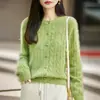 Cardigan de Tricô Gola Redonda Lã Cashmere Novo Outono/Inverno Manga Longa Feminino Padrão Torcido Suéter de Lã Escovada
