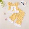Conjunto para Niñas Cuadros Rosas y Blancos Corbata de Lazo Top de Mangas Volantes Pantalones Acampanados con Adorno de Encaje Dulce Conjunto de Dos Piezas para Bebés