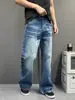 Estilo Retro Americano Lujo Ligero Jeans de Mezclilla Lavada Azul para Hombre Rectos Ajustados Pantalones Largos Ligeramente Acampanados Pantalones Largos de Vaca Azules para Hombre