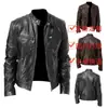 Jaqueta de Couro Masculina Quente de Inverno com Fechamento e Decoração de Bolso, Couro PU, Gola Alta, Slim Fit, Jaqueta de Couro P55