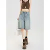 Shorts de mezclilla para mujer, tendencia de otoño, nuevo estilo versátil, de cintura alta, adelgazantes, pierna recta holgada, estilo boyfriend, estilo Hong Kong, shorts de longitud media