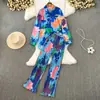 Conjunto de Dos Piezas de Camisa de Manga Larga de Botones Sencillos para Mujer con Pantalones de Pierna Ancha Estampados Tie-Dye Adelgazantes de Cintura Alta, Perfecto para un Look Divertido de Verano