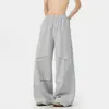 Pantalones deportivos holgados grises de cintura elástica con corte de pierna ancha, pliegues tridimensionales, caída, de largo hasta el suelo, casual para hombre