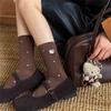 Calcetines de Mujer para Otoño e Invierno Estampado de Leopardo Bordado de Gatito Color Café Calcetines de Mujer de Caña Media Ins Tendencia Calcetines Largos de Algodón Sin Costuras para Mujer