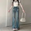 Pantalones vaqueros acampanados elásticos de cintura media rectos azules transfronterizos 2026, pantalones de pierna ancha de mezclilla lavada desgastada para mujer