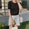 2025 Nueva Camiseta de Punto de Manga Corta Holgada con Aberturas Estilo Coreano para Mujer en Verano Chic de Nicho Aspecto Adelgazante Color Contrastante Cuello Redondo
