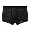 Ropa interior para hombre Huajielong de encaje de malla y seda helada al por mayor, cintura media, talla grande, transpirable, calzoncillos tipo bóxer para hombre, disponible para dropshipping