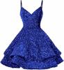 Vestido de Noite Transfronteiriço Aliexpress Azul Paetês Alças Vestido Curto Elegante Cintura Afunilada Alças