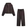 ZA popular roupa feminina elástica moda transfronteiriça AliExpress calça de cintura elástica moletom com capuz europeu e americano top marrom-avermelhado