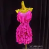 Novo Modelo 2025 Vermelho Rosa Fantasia de Performance para Competição de Dança Latina Saia Profissional de Palco com Franjas Conjunto Jeans Cha-Cha