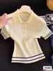 Polo Color Block Malha Manga Curta Design de Verão Botões Temperamento Redutor de Idade Emagrecedor Camisa Top
