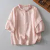 Camisa de lino con cuello de encaje bordado para mujer, estilo verano, corte holgado, top de algodón y lino de manga corta