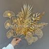 Garfo único flor de eucalipto dourado hortênsia leque dourado folha de ginkgo bênção de casamento balde arranjo de flores de folhas douradas