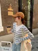 Cárdigan de Punto Bloque de Color Rayas Cuello en V Falso Dos Piezas para Mujer, Estilo Coreano Otoño, Top de Diseño Corto para Figuras Pequeñas