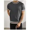 Top de Punto Cruzado para Hombre de Manga Corta, Bloques de Color, Rayas, Cuello Redondo, Estilo Old Money, Negocios, Gama Alta, Verano, Seda Helada, Casual