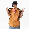 Camisas Casuales para Pareja Estilo Americano de Moda Bloques de Color Bordadas de Manga Corta para Hombres y Mujeres Verano Sueltas Dopamina Ins