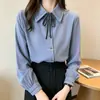 Comercio electrónico transfronterizo, AliExpress: Camisa de primavera/otoño con lazo bordado y detalle de atar, camisa de manga larga para mujer