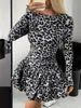 Vestido Feminino Outono/Inverno Novo Sexy Estampa de Leopardo Gola Redonda Babado Manga Longa Slim Fit Americano Europeu da Amazon