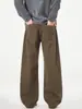 Calça Jeans Masculina Muqiu 2026 Outono Algodão Puro Vintage Lavado Marrom Masculina Solta Reta de Perna Larga Longa
