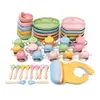 Plato de Cena de Silicona para Bebés Niños Babero para Bebé Tazón Suplementario para Bebés Niños Juego de Taza para Snacks Resistente a Caídas con Cuchara Tenedor de Silicona