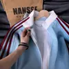 Sudadera cárdigan de estilo americano con rayas de gofre y cuello alto para hombre, otoño casual elegante de alta gama, chaqueta deportiva para pareja