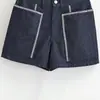 Venta al por mayor transfronteriza 2026 Moda europea y americana shorts vaqueros de cintura alta de pierna ancha con decoración de bolsillo para mujer M226419