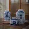 Estilo Chino Jingdezhen Azul y Flores Personaje Feliz Olla Cerámica Tetera Adornos Ceremonia del Té Estilo Chino Retro Casa de Huéspedes Accesorios para el Hogar