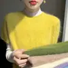 Suéter de lana para mujer listo para usar de primera línea, estilo nuevo, borde enrollado, cuello semi-alto, manga corta cepillada, mujer, seda de morera, lana fina, media manga, mujer